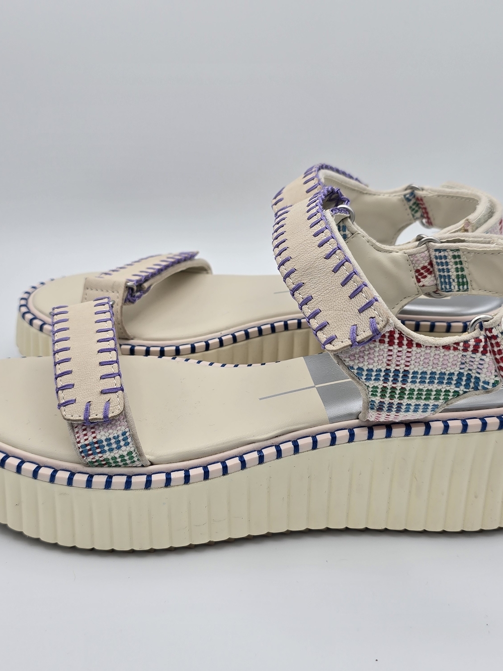 Dolce Vita Cream Platform Sandals with Purple Stitching - Picture 3 of 8